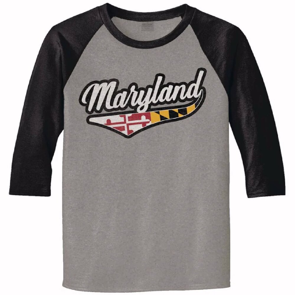 Maryland Flag Script 3/4 Sleeve Sport Style T-Shirt - NEW Fast Ship